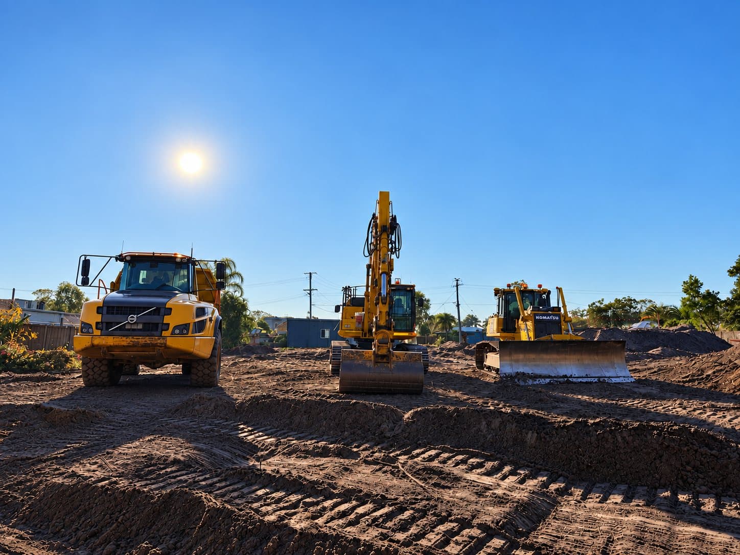 Volvo articulated dump truck, Komatsu excavator and Komatsu dozer lined up on a trimmed earthworks pad, with the sun high in a clear sky.